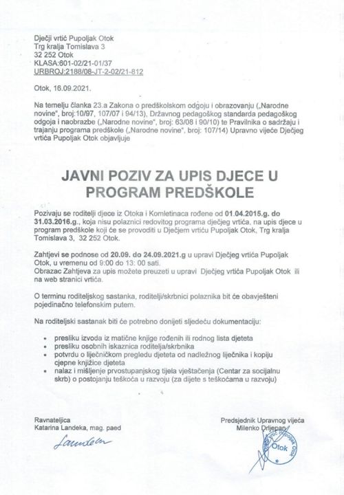 Poziv za upis djece u program predškole